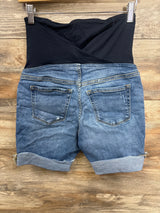 Isabel Maternity Cross Over Distressed Denim Shorts Blue sz Small