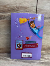 Back cover of a children's book with cartoon man on a flying broom, purple background, wood floor