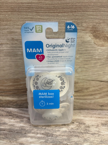 Front view of MAM Original Night two-pack pacifiers showcasing cream glow-in-the-dark pacifiers in sterilizing packaging