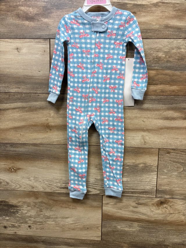 Blue gingham baby onesie with pink bows, long sleeves, front zipper, on wooden floor