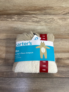 Beige and white fleece baby jumpsuit size 18M, Carter's zip-up one-piece, folded on wood