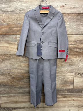Front view of grey 3-piece toddler slim-fit suit (jacket, vest, pants) showing notch lapel and flap pockets on wood background