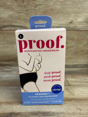 Front view of NEW Proof Reusable Postpartum Underwear high rise brief size Large showcasing sealed retail box with 12 hour leak protection text on wood plank floor