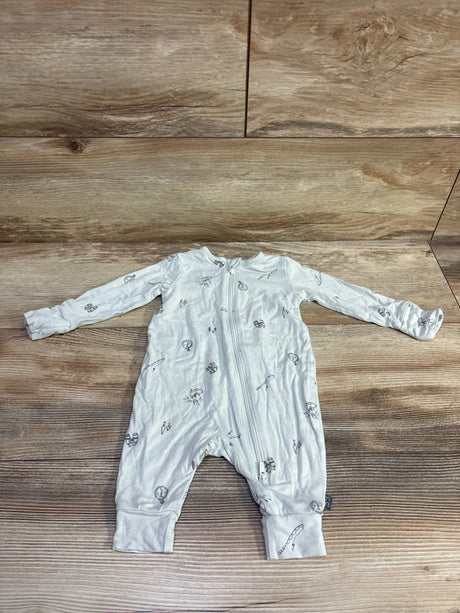 Top-down view of mint footless viscose baby sleeper 0-3M with front zipper, long sleeves, and small all-over prints on a wood backdrop