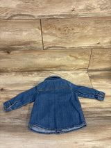 Back view of Carter's denim jacket (9m) showing long sleeves, button cuffs, and frayed hem on wood background