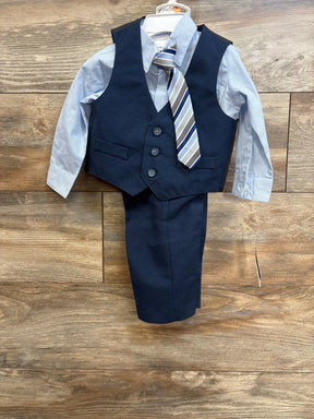Front view of Van Heusen 4-piece 12M suit: navy three-button vest, striped tie, light blue shirt, and navy pants on wood floor