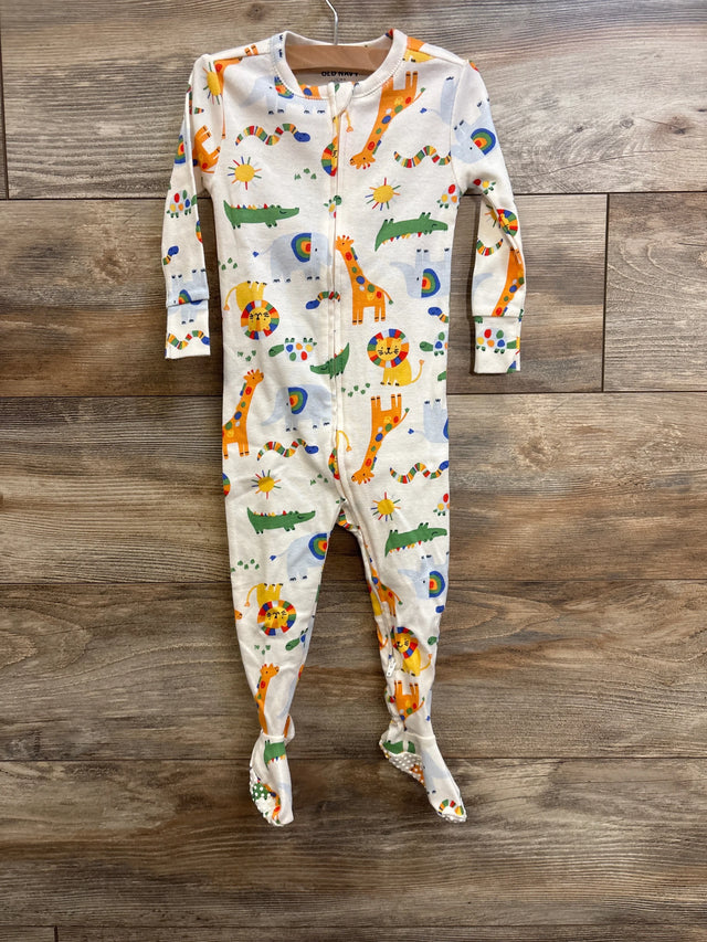 Front view of Old Navy footed baby sleeper (12–18M) showcasing colorful animal print, front zipper, and built-in feet on wood floor background