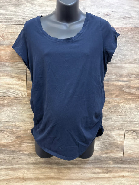 Front view of Old Navy navy maternity shirt, size XL, with short sleeves and scoop neckline on mannequin