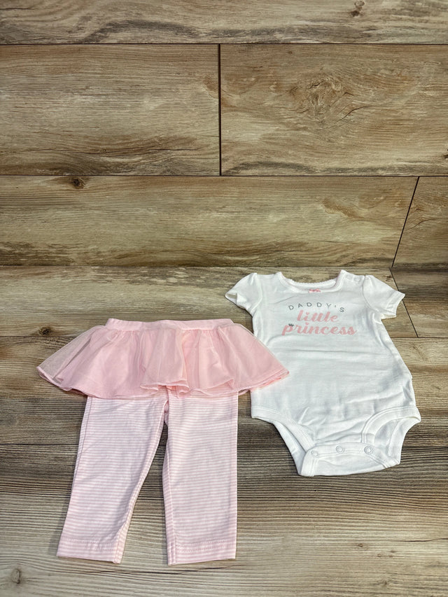 Flat lay of Carter’s 2pc Daddy’s Little Princess set showcasing pink skirted leggings with a white bodysuit on wood background
