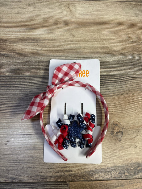 Top view of headband and bow set with red-and-white gingham knotted headband and red, white, navy bows on white card