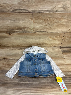 Kids denim jacket with gray hood and sleeves, button front, super stretch tag on wood background