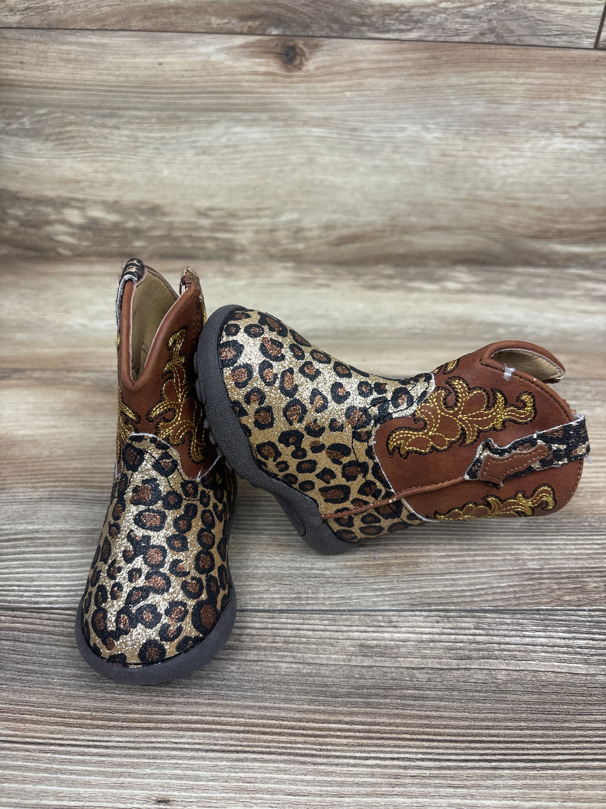 Roper Glitter Leopard Poppet Round Toe Western Boots Brown sz 4c