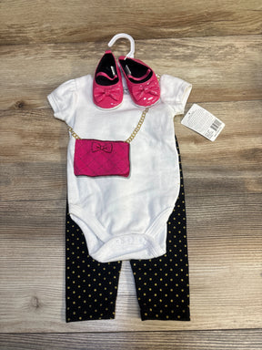 Baby girl outfit set with white bodysuit, black polka dot leggings, and pink bow shoes