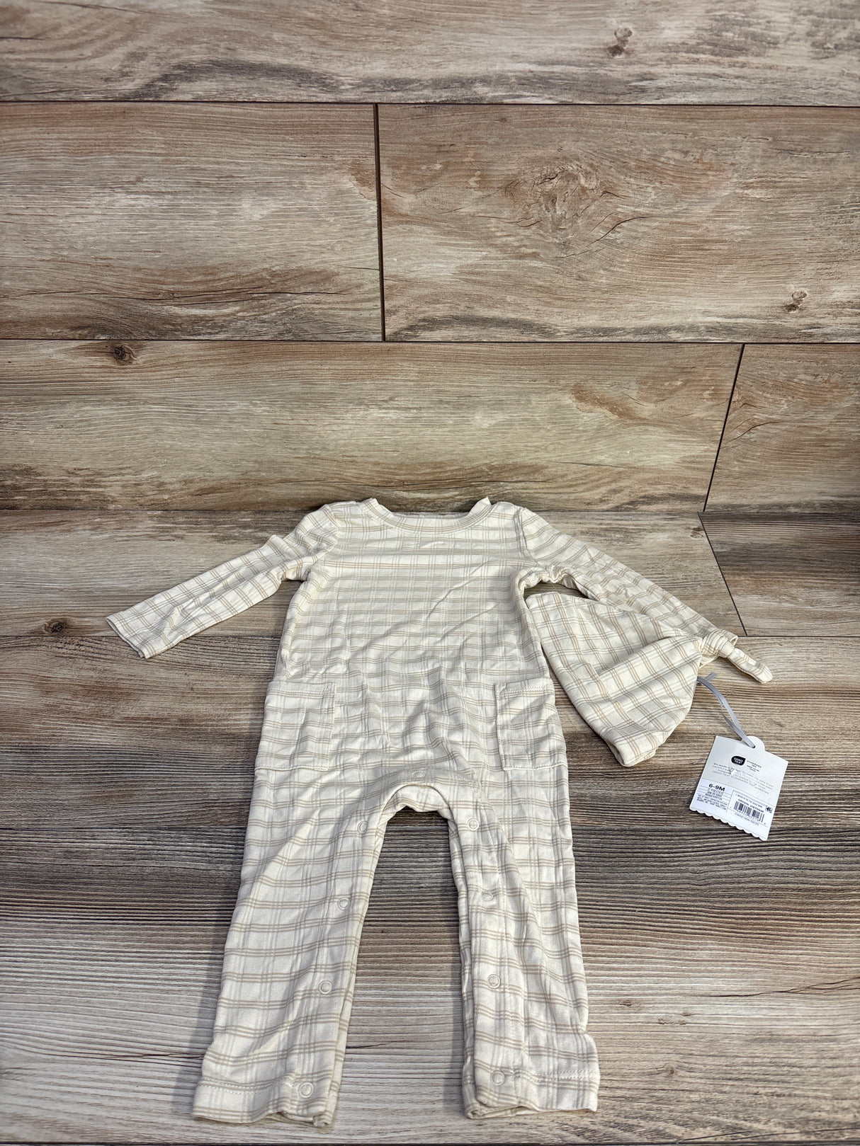 NEW Cloud Island Jacquard Checkered Romper & Hat Beige sz 6-9m