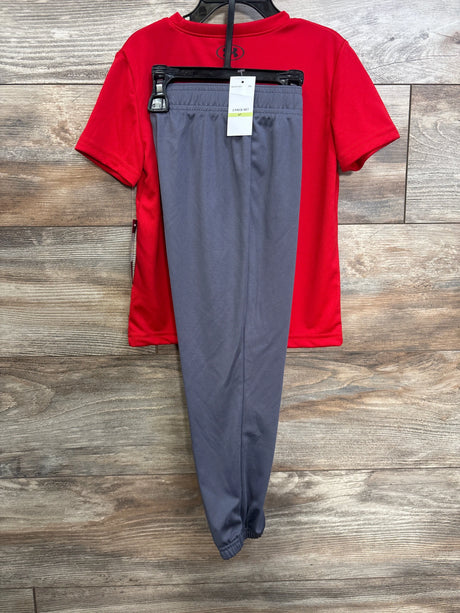 Front view of Under Armour toddler 2-piece set with red short-sleeve shirt and gray elastic-waist pants on hanger on wood background