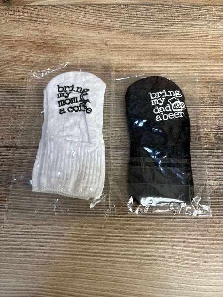 NEW 2pk Bring My Dad A Beer/Bring My Mom A Coffee Socks sz 0-12m - Me n Mommy To Be