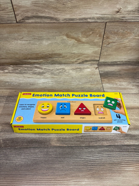 Angled view of Lakeshore Emotion Match Puzzle Board showcasing four emotion pieces with a wood-grain background