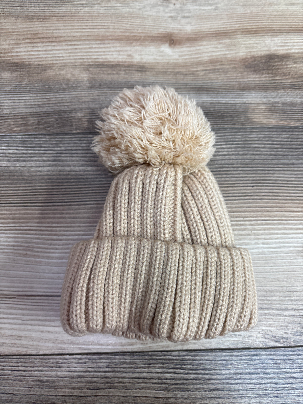 Angel Face Knit Pom-Pom Beanie Tan sz 6-12m