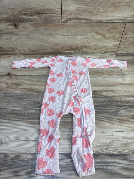 Front view of Georgie’s Corner bamboo sleeper with pink hibiscus and monstera print, long sleeves, and zipper on wood floor