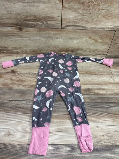 Grey Little Sleepies bamboo space convertible sleeper with pink cuffs and celestial print