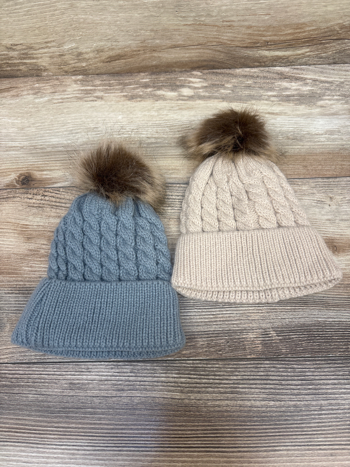 Cable Knit Pom-Pom 2pk Beanies Beige/Grey One Size