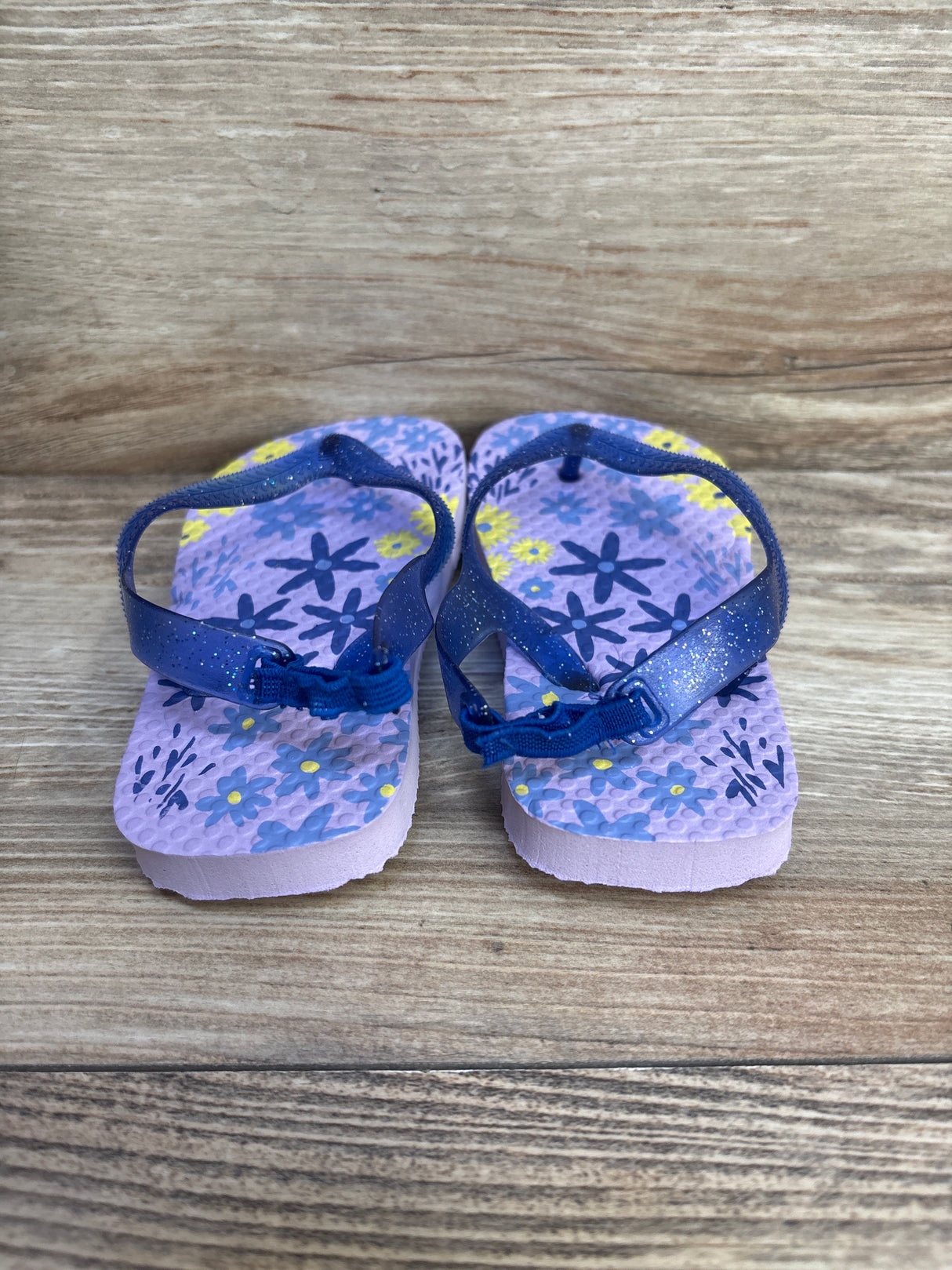 Girl's Floral Flip Flops Blue Glitter sz 7-8c