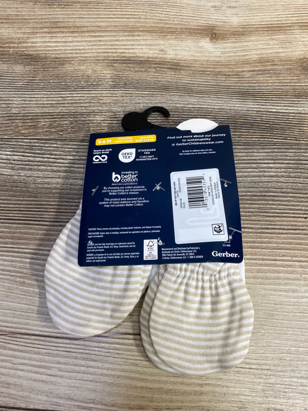 NEW Gerber Mittens 3pk, Beige/White sz 0-6m