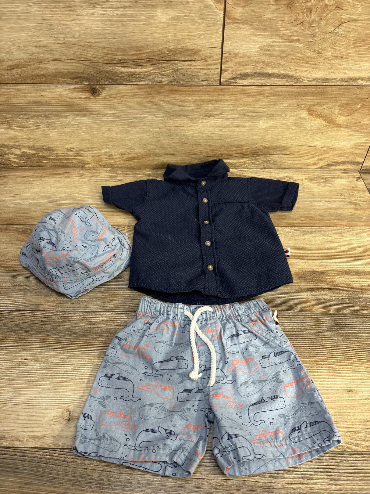 Dapper Dude 3pc Button-Up Shirt + Shorts + Hat Navy sz 12m