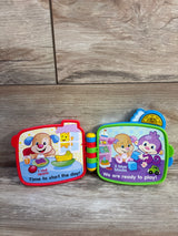 Open Fisher-Price Counting with Puppy electronic toy book showing two illustrated pages with breakfast and play scenes on a wood floor