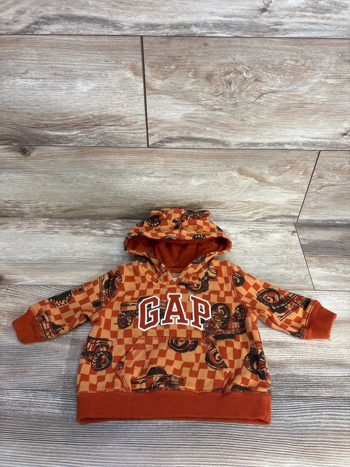 Baby Gap Pull Over Monster Truck Hoodie Rust sz 3-6m
