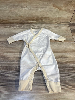 Flat lay of Monica and Andy Striped Kimono Tie One Piece in cream heather French stripe preemie size showcasing side-tie wrap closure on wood plank floor