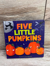 Five Little Pumpkins Halloween board book for kids with cute pumpkin characters and witch illustration