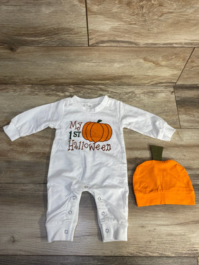 My 1st Halloween baby onesie with pumpkin hat, white long sleeve outfit for infants