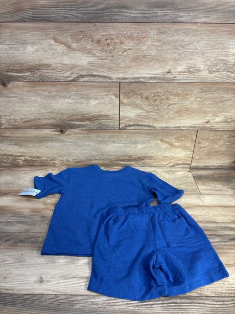 Flat lay back view of blue French terry toddler shirt and shorts set size 5T showing elastic waist and pocket on wood