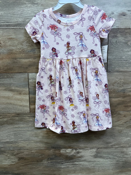 Front view of pink Jumping Beans and Disney Princess dress in size 2T with short sleeves and allover princess print