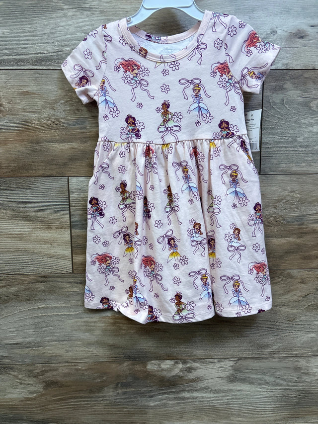 Front view of pink Jumping Beans and Disney Princess dress in size 2T with short sleeves and allover princess print