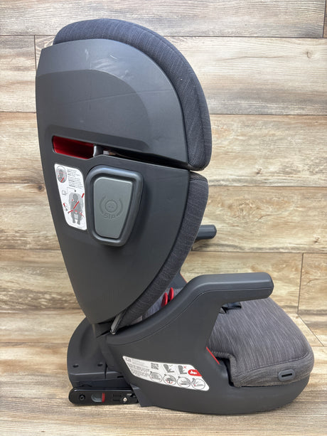 Side view of UPPAbaby Alta V2 booster car seat in Greyson showing gray upholstery, headrest, armrest, and side-impact protection