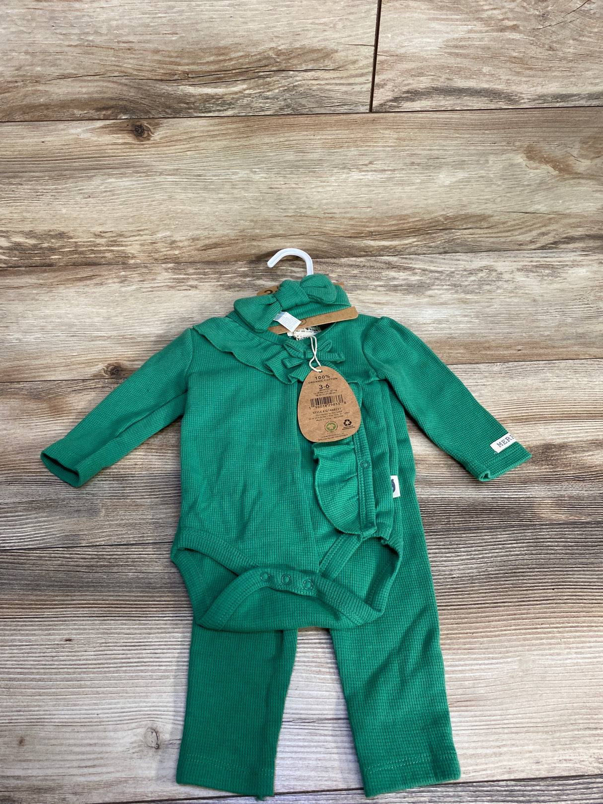 NEW Rabbit Bear 3pc Set Kimono Bodysuit + Leggings + Headwrap Green sz 3-6m