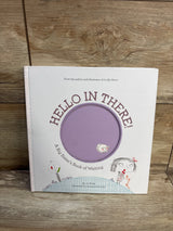 Front cover of Hello in There! hardcover children's book with purple circular peek-through and illustrated girl on wood background