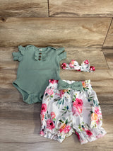 Spewahor 3pc Ribbed Henley Bodysuit, Shorts, & Headband Set Green sz 3-6m