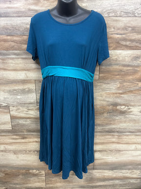 Blue short sleeve maternity dress with teal waistband, displayed on mannequin