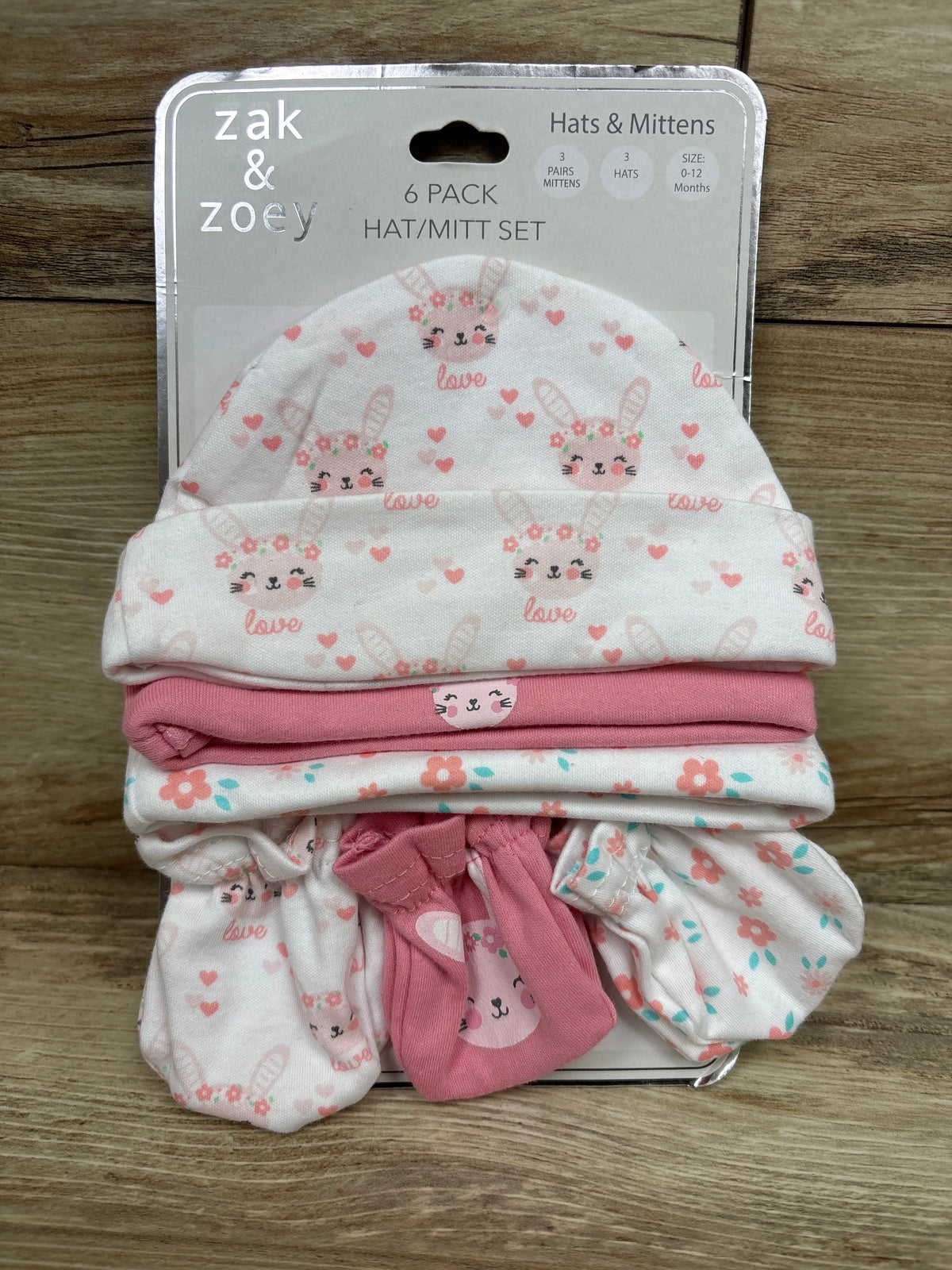 NEW Zak & Zoey 6pc Hat & Mittens Set Pink/White sz 0-12m