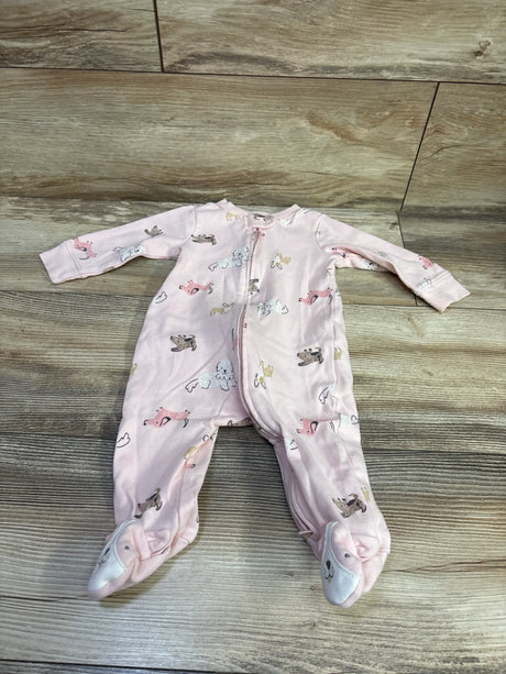 Front view of Carter’s pink sleeper in size 6m showcasing animal print, zipper, and footed design on a wood-look floor