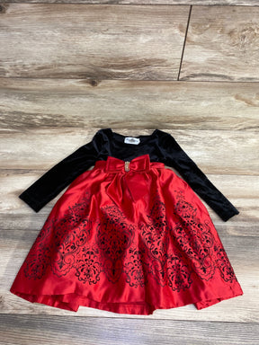Girls' holiday dress with black velvet top, long sleeves, red satin skirt, bow and floral pattern