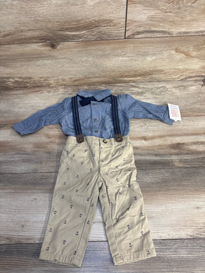 Toddler's nautical outfit with blue long-sleeve shirt, navy suspenders, bow tie, and beige anchor-patterned pants