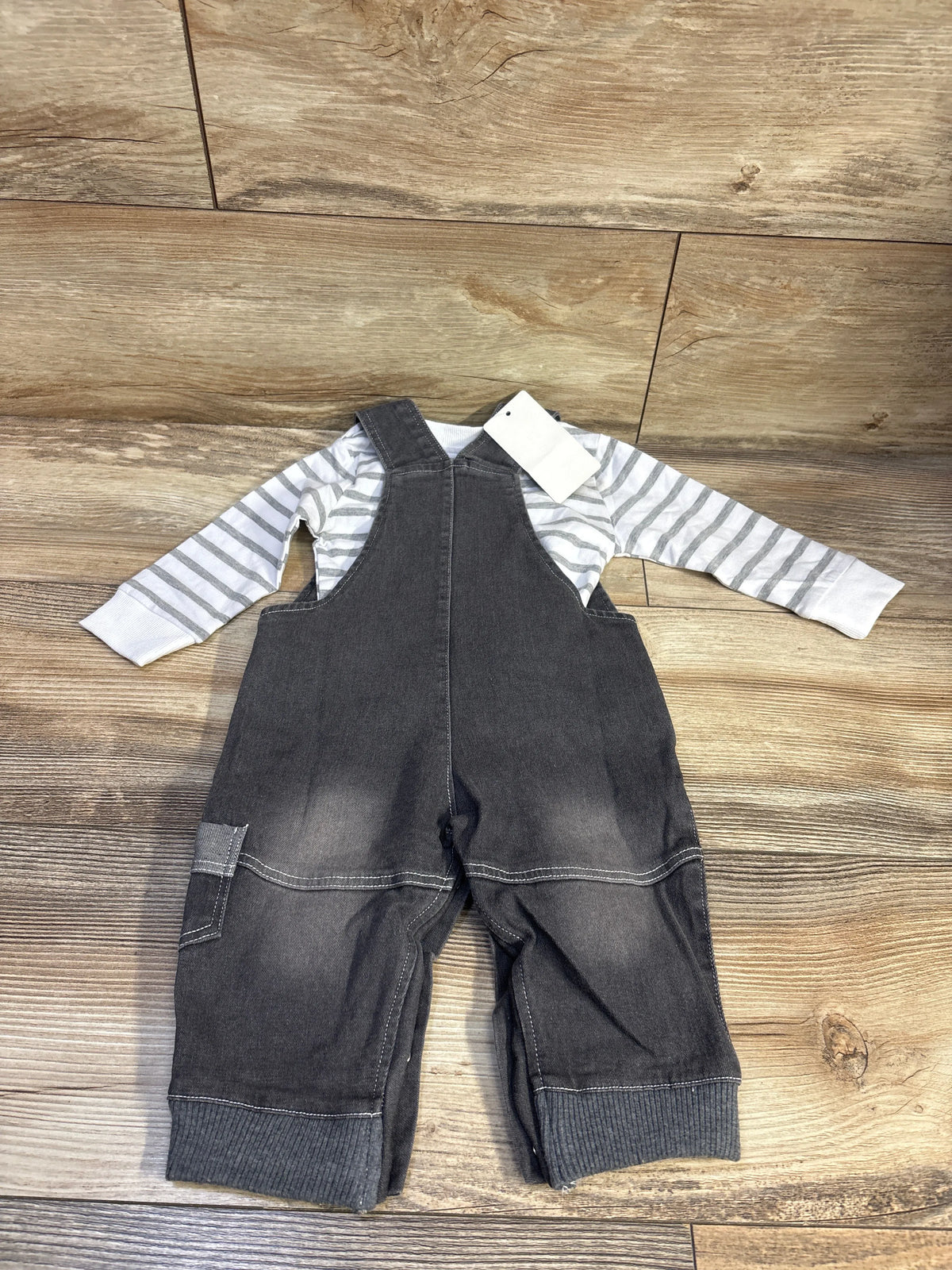 LvYinLi 2pc set featuring a white striped long sleeve shirt and dark denim dog overalls