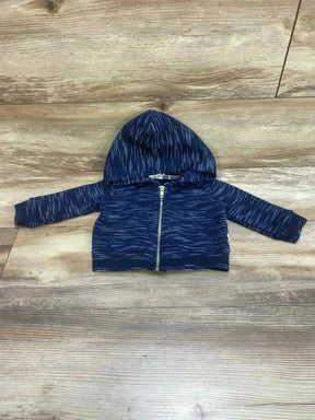 Front view of navy full-zip baby hoodie size 12m with hood, silver zipper, and white heathered streaks on wood floor