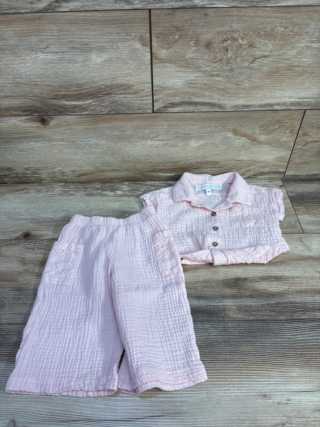 RZ By Rachel Zoe 2pc Gauze Eyelet Top & Bottoms Set Pink sz 12m