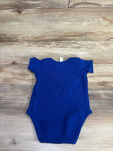 Flat-lay back view of blue Rabbit Skins Rookie of the Year 12m bodysuit with short sleeves on wood background