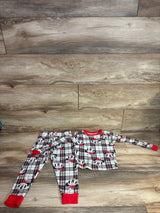 Mickey Mouse holiday plaid pajama set for kids, red trim, festive Christmas sleepwear on wood floor